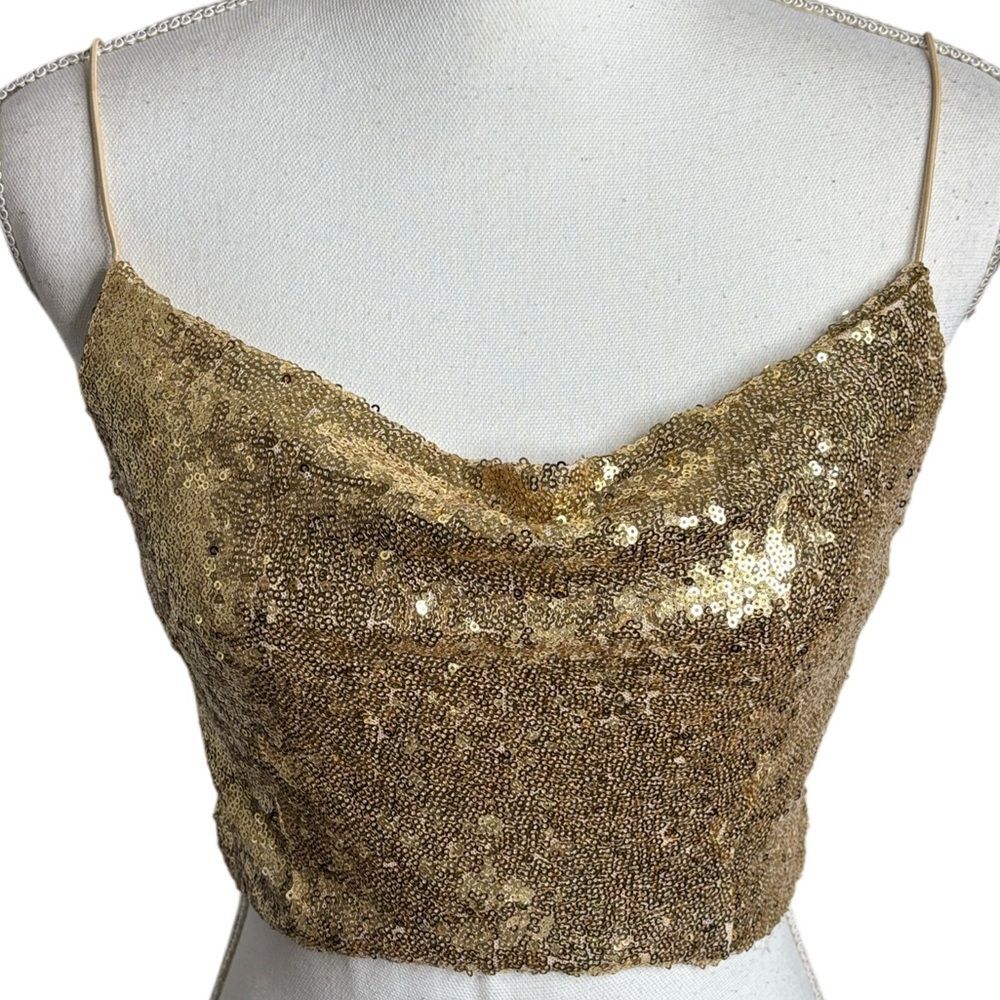 B.Smart Cowl Neck Gold Sequin Women's Crop Top
